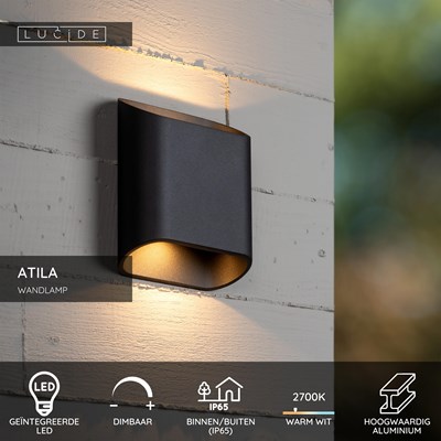 Lucide ATILA - Wandlamp Binnen/Buiten - LED Dimb. - 2x5W 2700K - IP65 - Zwart